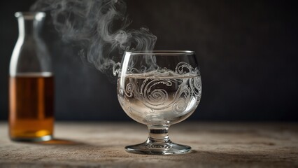 Generative AI illustration: glass filled with liquid next to bottle with detailed texture