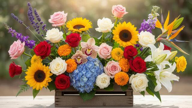 Vibrant mixed floral centerpiece in a rustic wooden crate featuring sunflowers, roses, hydrangea, and exotic bird of paradise flowers - Powered by Adobe