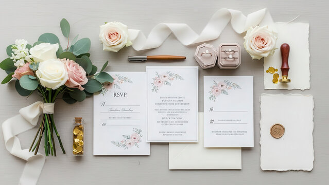 Elegant wedding stationery suite mockup with RSVP cards, white roses bouquet, gold rings, and wax seal on a grey surface