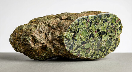 Lherzolite peridotite specimen with green olivine plus clinopyroxene and orthopyroxene grains on a cut polished face
