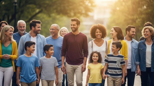 Large group of happy diverse people of different ages and ethnicities walking together in a sunny outdoor park setting