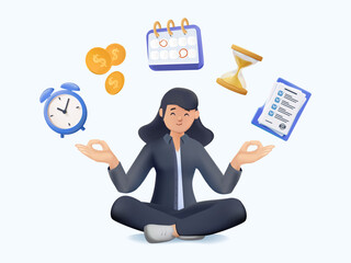 Vector of a calm businesswoman meditating in lotus pose on desk, surrounded documents, clock, calendar and money. 3D vector concept of focus, pressure, and mindfulness at work