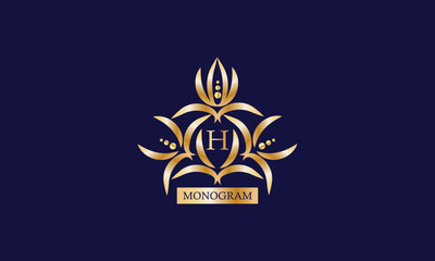 Monogram design template with letter H in the center and place for text. Elegant company branding, emblem, invitation, label, business sign.