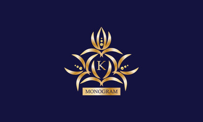 Monogram design template with letter K in the center and place for text. Elegant company branding, emblem, invitation, label, business sign.