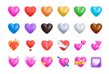 Set of hearts and shapes vector graphic 3D vector emoji on white background. Hearts collection of emojis and emoticons, ideal for digital projects and social media illustration