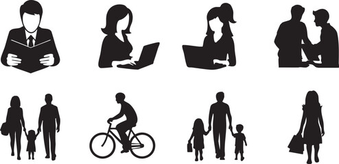 Diverse People Silhouettes: Vector Icons for Business, Family, and Everyday Lifestyle Activities & Connections