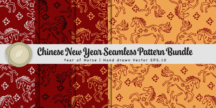 Chinese New Year 2026 Seamless Pattern Horse Floral Bundle.Vector Illustration