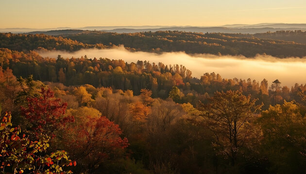 Rolling hills covered in autumn forest, layers of orange, red, and yellow trees fading into soft morning haze.
