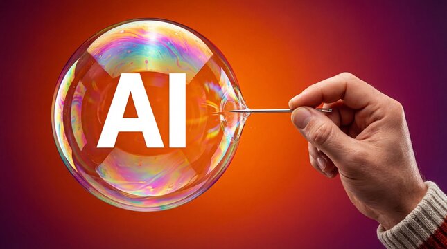 Hand pierces AI bubble with needle. Iridescent bubble bursts near AI letters, bubble signals fragile hype and risk for conference promo and launch campaign, orange gradient background