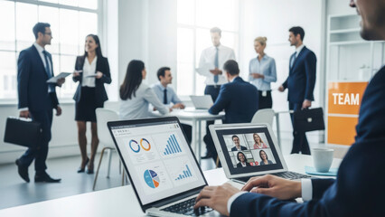Modern Corporate Office Environment with Professional Team Working and Laptop Displaying Video Conference Call and Financial Data Charts