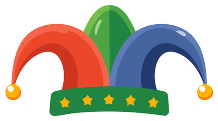 Whimsical Jester Hat: Red, Green, and Blue Cap with Golden Bells and Stars for Fun Celebrations