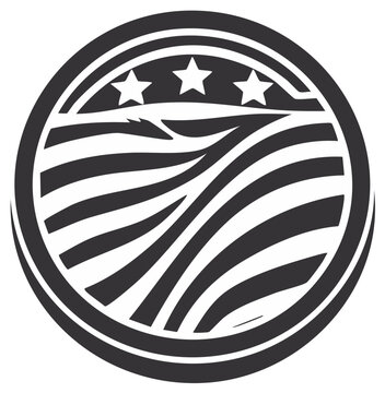 Patriotic circular emblem with three stars and abstract wavy stripes like a flag or field
