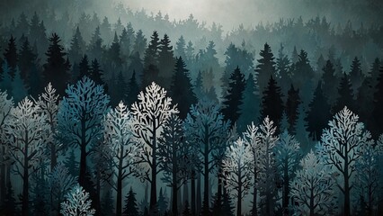 Forest with trees and fog in the background, high quality conceptual artwork - Generative AI