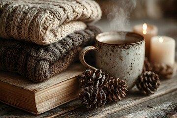 Stylish flat lay of cozy autumn and winter essentials on rustic wooden background.