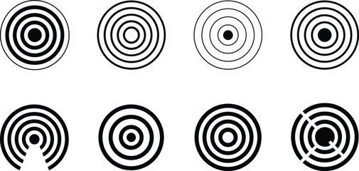 Eight Vector Concentric Circle Sound Wave Bundle: Minimalist Bullseye, Target, and Radar Symbols for Focus, Precision, and Digital Design.