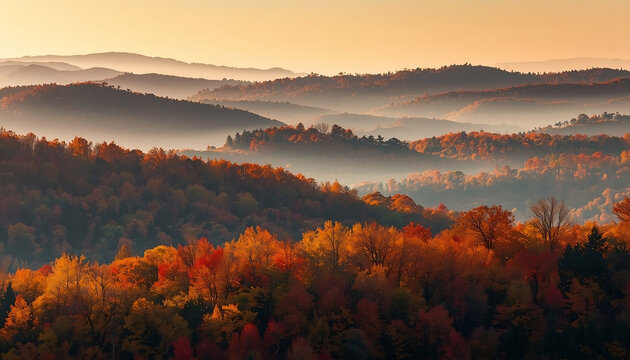 Rolling hills covered in autumn forest, layers of orange, red, and yellow trees fading into soft morning haze.