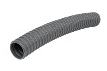 Gray flexible corrugated plastic conduit pipe for electrical wiring protection, isolated on transparent background