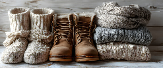 Cozy winter apparel flat lay Creamy knitwear, warm boots, textured scarves on white wood, image, winter