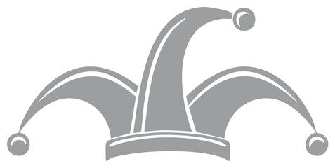 Grey silhouette of a jester hat with bells, graphic illustration design for logo