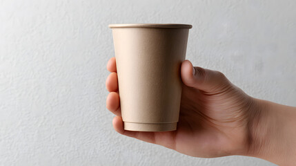 Holding a Disposable Cup: A hand grasps a paper cup against a plain backdrop, highlighting the eco-friendly design and its potential for sustainability.