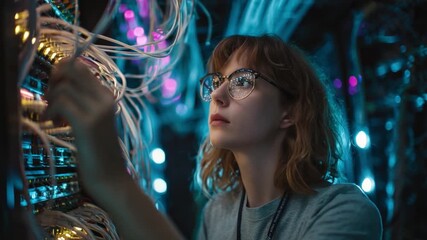 Data Specialist at Work: A focused data specialist, surrounded by a complex network of wires, delves into the intricacies of technology, showcasing precision and expertise. - Powered by Adobe