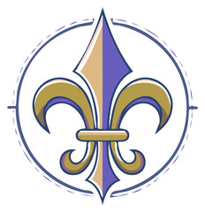 Stylized fleur-de-lis emblem in a circle with gold and purple hues, creating a heraldic design