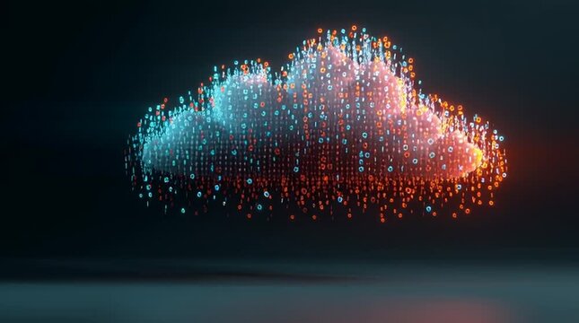 Cloud-shaped hologram formed from floating binary numbers with a subtle neon glow on a dark gradient background, symbolizing cloud computing, data storage and digital infrastructure in 4K.
