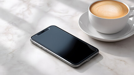 Smart Technology and Morning Brew: A stylish, sleek smartphone rests beside a perfectly crafted cappuccino, the scene a blend of technological innovation and the simple pleasures of a moment of calm.