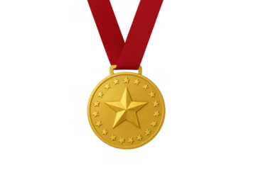 Gold medal with red ribbon, a champion award for first place winner in sports, competition, or achievement, transparent background