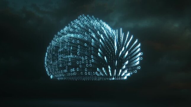 Cloud-shaped hologram formed from floating binary numbers with a subtle neon glow on a dark gradient background, symbolizing cloud computing, data storage and digital infrastructure in 4K.
