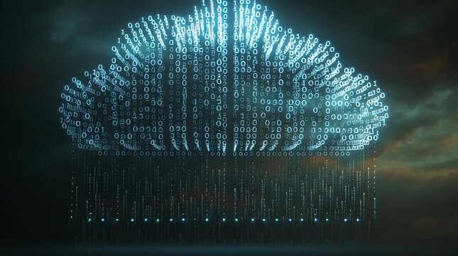 Cloud-shaped hologram formed from floating binary numbers with a subtle neon glow on a dark gradient background, symbolizing cloud computing, data storage and digital infrastructure in 4K.
