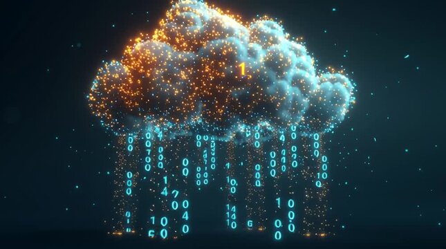 Cloud-shaped hologram formed from floating binary numbers with a subtle neon glow on a dark gradient background, symbolizing cloud computing, data storage and digital infrastructure in 4K.
