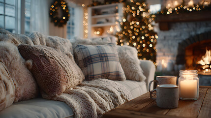 Cozy Christmas living room scene with plaid, candles, hot cocoa, and warm festive decor