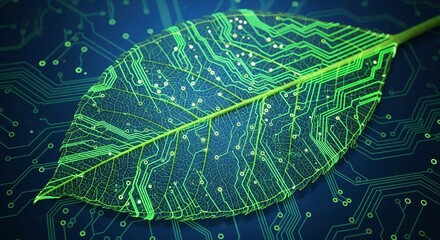 A conceptual 3D illustration of a green leaf with glowing electronic circuit board patterns on its surface, resting on a dark blue technological background
