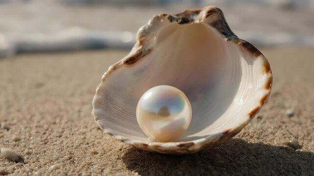 Pearl in Shell on Sandy Beach.