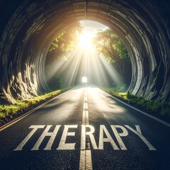 Sunlit tunnel road with word THERAPY
