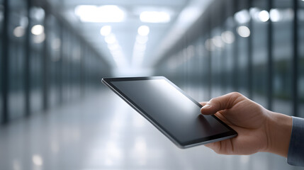 Tablet in Modern Context: A close-up shot of a hand holding a sleek, modern tablet within a contemporary architectural space, embodying technology integration and digital connection.