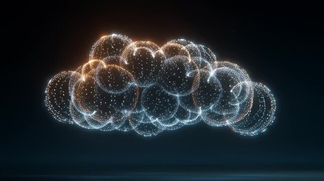 Cloud-shaped hologram formed from floating binary numbers with a subtle neon glow on a dark gradient background, symbolizing cloud computing, data storage and digital infrastructure in 4K.
