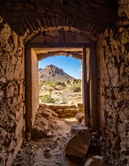 Sunlit view through a doorway in a ruined stone building