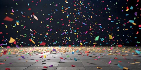 Vibrant confetti explosion on dark background with gray tiles