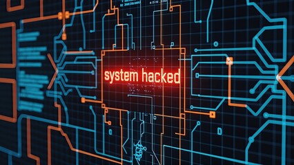 Digital illustration of a hacked system with glowing circuitry and a prominent warning message, representing the threat of cybercrime and the rise of telephone scammers in modern technology