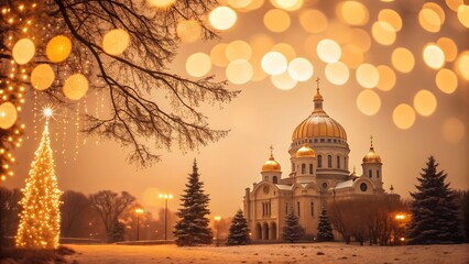 Golden domes of a majestic cathedral on a snowy winter evening