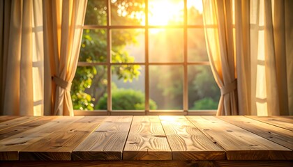 Sunlit window view from a wooden table
