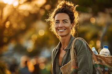 Recycling, bottle and woman with view in bag, sustainability and cleaning plastic pollution, earth day and community service. Saving the environment, charity and people putting trash in garbage bin