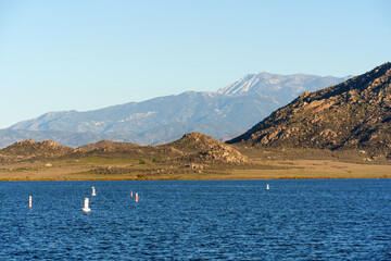 Lake Perris Scenic Landscape With Distant Mountains And Buoys