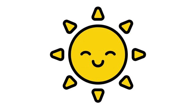 Bright vector animation of a cheerful, smiling emotion icon expanding into a radiant, fully formed sun symbol, representing happiness, optimism, good weather forecast, positive growth, and vital energ