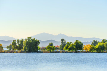 Serene Lake Perris Landscape Under a Bright Hazy Sky