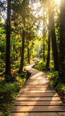 Sunlit wooden path through a lush forest
