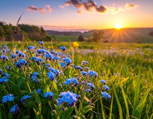 Sunset over a meadow filled with forget-me-nots