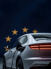 Close-up of charging a plugged in modern silver electric car, European Union (EU) flag with copy space in background